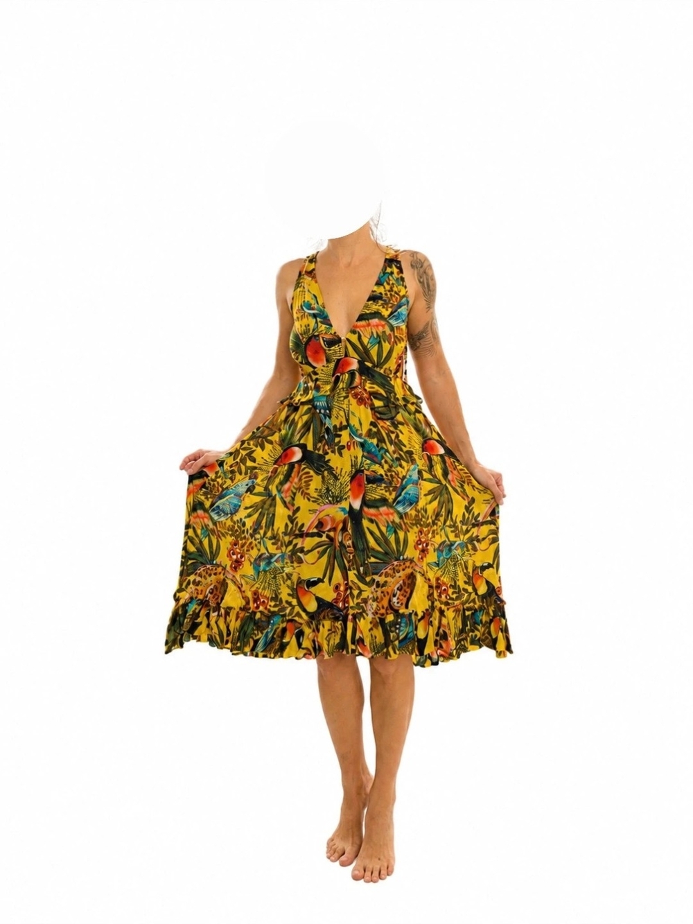 FARM Rio Yellow Tropical V-Neck Midi Dress